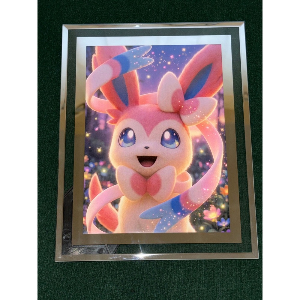 Sylveon Pokemon Framed Art Print Silver Mirrored Easel Back Picture Frame 8x10